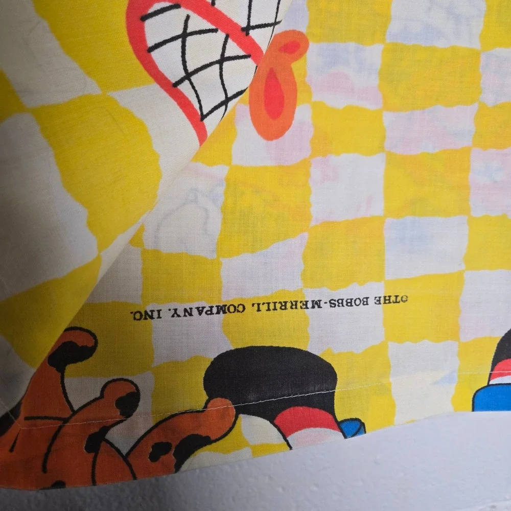 Vtg Bobbs-Merrill Raggedy Ann Andy Queen Flat Sheet Yellow Checkerboard 65x94